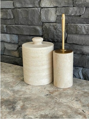 Traverten Doğal Taş Çöp Kovası ve Wc Fırçalığı (Mat Gold Fırça)