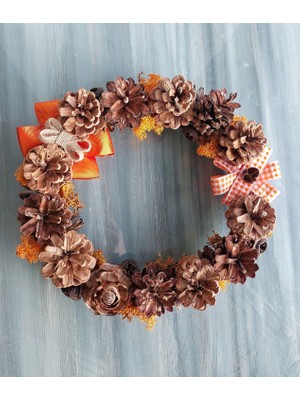 Kozalaklı Kapı Süsü Turuncu 25 Cm, Dekor, Çelenk, Çember