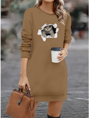 Defy Moda Kadın Uzun Kollu Bisiklet Yaka Kısa Viskon Iki Iplik Elbise