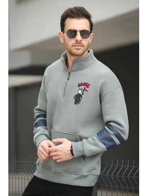 Oksit Babar Üç Iplik Şardonlu Nakışlı Fermuarlı Dik Yaka Oversize Erkek Sweatshirt