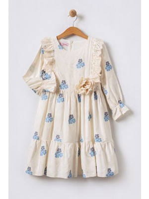 Miniğimin Cicileri Çiçek Desenli Kız Çocuk Fisto Detaylı elbise - Mavi