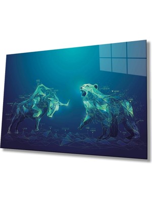 Marsilyan Mavi Boğa Kutup Ayısı Soyut Cam Tablo, Ev ve Ofis Duvar Dekoru Hediyelik Büyük Tablo Dayanıklı Cam