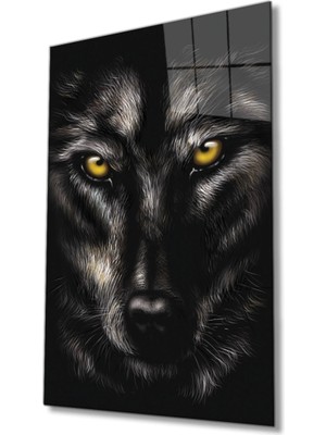 Sarı Gözlü Kurt Hayvan Portresi Cam Tablo, Ev ve Ofis Duvar Dekoru, Hediyelik Büyük Cam Tablo