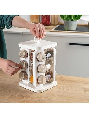 1082 Kare Prizma Döner Standlı Döner Kapaklı 12'li Cam Baharatlık-Düzenleyici Organizer-Beyaz Cappuccino