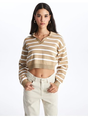 LC Waikiki Lcw Vision Bej Polo Yaka Çizgili Uzun Kollu Crop Kadın Triko Kazak