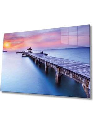 Gün Batımı Manzarası Ahşap Köprü Cam Tablo, Ev ve Ofis Duvar Dekoru, Hediyelik Büyük Cam Tablo