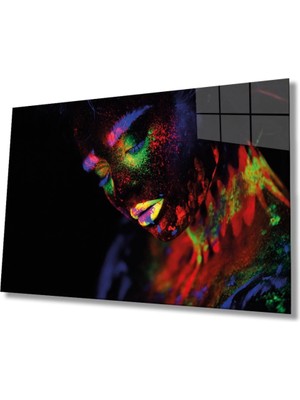 Marsilyan Yeşil Sarı Turuncu Mor Parıltılı Kadın Cam Tablo, Ev ve Ofis Duvar Dekoru, Hediyelik Büyük Cam Tablo