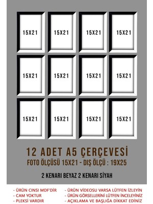 12 Adet 15 x 21 Fotoğraf Çerçevesi - 12'li A5 Mdf Çerçeve - Sb Çerçeve