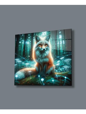 Ormanın Işıltısı Neon Tilki Cam Tablo Hediyelik Büyük Tablo Ev Ofis Dekoru