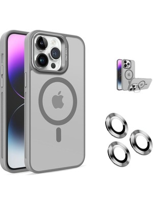 iPhone 16 Pro Max Kamera Korumalı Standlı Kılıf Magsafe ile Uyumlu Açılır Kamera Standlı Manyetik 16 Pro Max Kılıf + Lens Koruma Set Darbeye Karşı Korur (Gri (Titanyum))