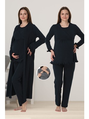 Effortt Lacivert Sabahlıklı Hamile Lohusa Pijama Takımı