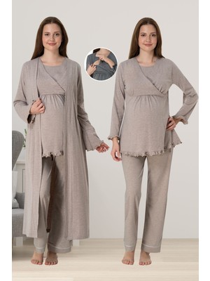 Effortt Bej Sabahlıklı Hamile Lohusa Pijama Takımı
