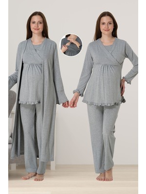 Effortt Gri Sabahlıklı Hamile Lohusa Pijama Takımı