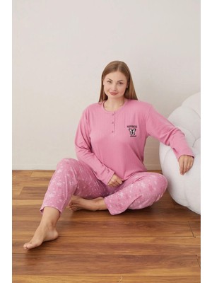 Lindros Kadın Pamuklu Düğme Yaka Raporlu Interlok Battal Pijama Takımı 05110 - 1 Adet