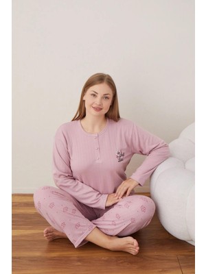 Lindros Kadın Pamuklu Düğme Yaka Raporlu Interlok Battal Pijama Takımı 05111 - 1 Adet