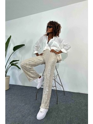 Qaju Kadın Beli Lastikli ve Pul Payetli Bol Pantolon