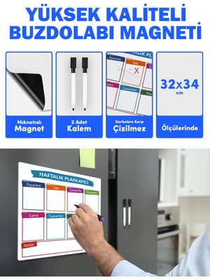 Haftalık Planlayıcı, Planlayıcı Buzdolabı Magneti, Yazı Tahtası, 2 Kalemli Mıknatıslı Magnet, Buzdolabı Yazı Tahtası, Haftalık Menü Planlayıcı Magnet, 7 Günlük Yemek Planlayıcı Magnet, 32X34CM