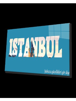 Marsilyan- Istanbul Yazılı Mavi Beyaz Cam Tablo