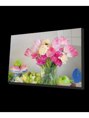 Marsilyan- Meyveler Pembe Çiçekler Natürmort Cam Tablo