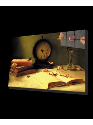 Marsilyan- Saat Kitap Çiçek Natürmort Cam Tablo