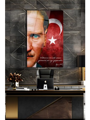 Atatürk Portre Türk Bayrağı Cam Tablo, " Vatanını En Çok Seven " Kurum Ofis Duvar Dekoru ,hediyelik
