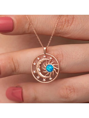 Gümüş Rose Opal Mavi Taşlı Ay Güneş Kadın Kolye