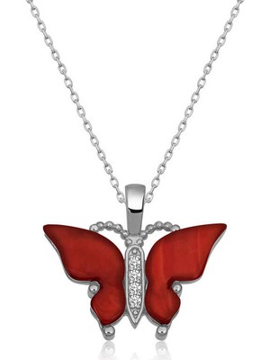 Gümüş Kırmızı Kaplangözü Taşlı Kelebek Kolye