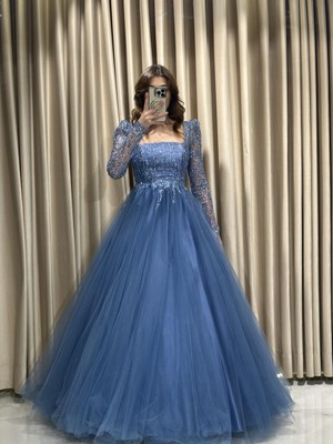 İndigo Yıldızlar Yeni Sezon Kadın Tül Pul İşlemeli Abiye Elbise 7352