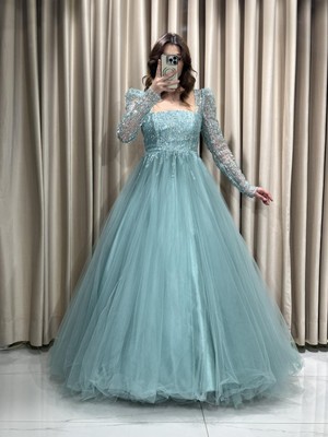 Mint Yeşili Yıldızlar Yeni Sezon Kadın Tül Pul İşlemeli Abiye Elbise 7352