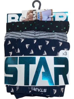 Star 106 Desenli Pamuklu Kemer Likralı 3'lü Boxer