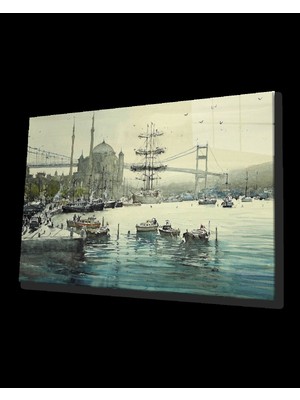 Marsilyan- Sulu Boya Boğaz Köprü Kayıklar Istanbul Cam Tablo