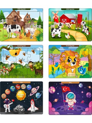 KutuTR Çocuklar Için Eğitici ve Öğretici Ahşap 6 Parça 13X17 Renkli Puzzle 6'lı SET-603