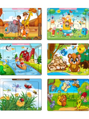 KutuTR Çocuklar Için Eğitici ve Öğretici Ahşap 6 Parça 13X17 Renkli Puzzle 6'lı SET-604