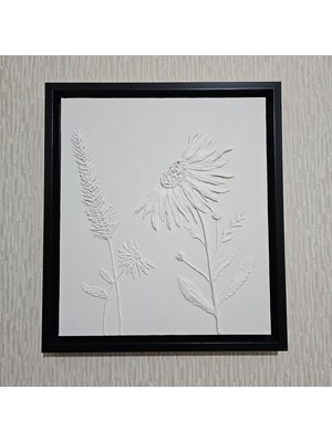 Sasa Design And Architecture Sade Minimal Dokulu Siyah Çerçeveli El Yapımı Beyaz Çiçek Tablo