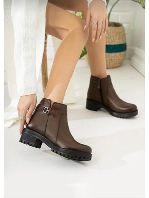 Deri Diyarı Kadın Kahverengi  Günlük Bot Bağsız Kısa Bootie