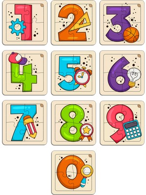 KutuTR Eğitici Ahşap 10'lu 4 Parçalı Rakamlar Mini Puzzle Set 4, 2-4 Yaş Arası Çocuklar İçin