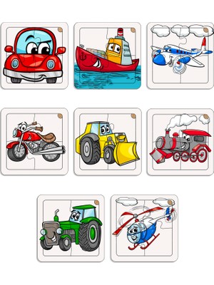 KutuTR Çocuklar Için Eğitici ve Öğretici Ahşap 8 Li 4 Parçalı Taşıtlar Mini Puzzle Set 8'li Set 1