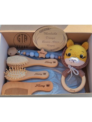 Gta Store İsme Özel %100 Keçi Kılı Fırça tarak seti bambu Masaj Tarağı, Şimşir Tarak,emzik Zinciri,amigurumi,müslin Battaniye ve Bez Saklama Çantası Bebek Seti