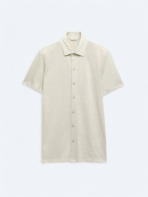 Kip Bej Düz Regular Fit Casual Pamuk Karışımlı Gömlek