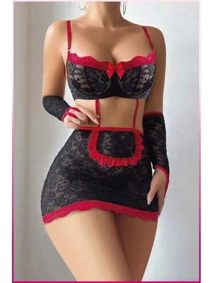 Kadın Siyah Dantel Etekli, Kol Bantlı, Göğüs Balenli   Kostüm