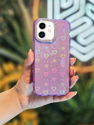 OSG Apple iPhone 11 Uyumlu Işıkta Renk Değiştiren Kalp Desenli Darbe Emici Premium Lüx Kılıf