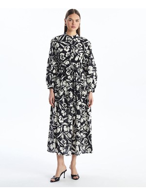 Modest Siyah Hakim Yaka Çiçekli Kadın Elbise