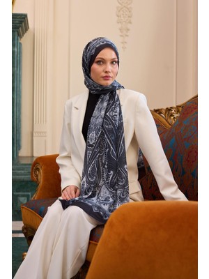 Desenli Vual Şal Siyah Beyaz Vual Ipek Şal -  9804-16