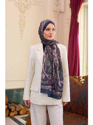 Desenli Vual Şal Lacivert Bordo Vual Ipek Şal -  9804-09