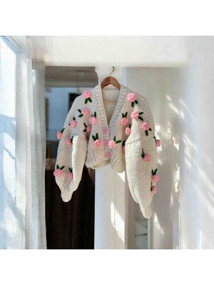 El Örgüsü Gül Detayli  Kadın Hırka