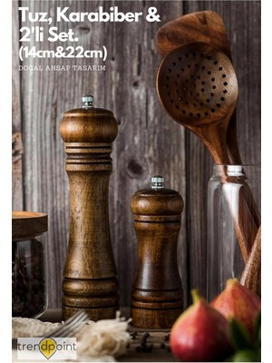 Trendpoint 2li Set Baharat Öğütücü Premium Doğal Ahşap Değirmen Karabiber Tuz Kahve Tuzluk Biberlik 2li Set 14CM+22CM