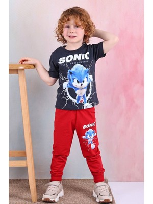 Yağmur Giyim Pjkke Sonic Desenli Kırmızı Eşofmanlı Erkek Çocuk Kısa Kol Takım 3-10 Yaş 7467-K