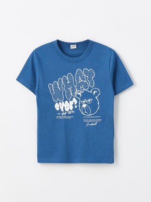  Kids Mavi Bisiklet Yaka Baskılı Kısa Kollu Erkek Çocuk Tişört