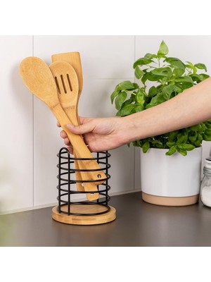 Meturas Dekoratif Bambu Tabanlı Siyah Metal Mutfak Aleti ve Çatal Bıçak Tutucusu - 15,5 cm Yükseklik