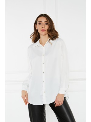 Düz Saten Gömlek-Ekru